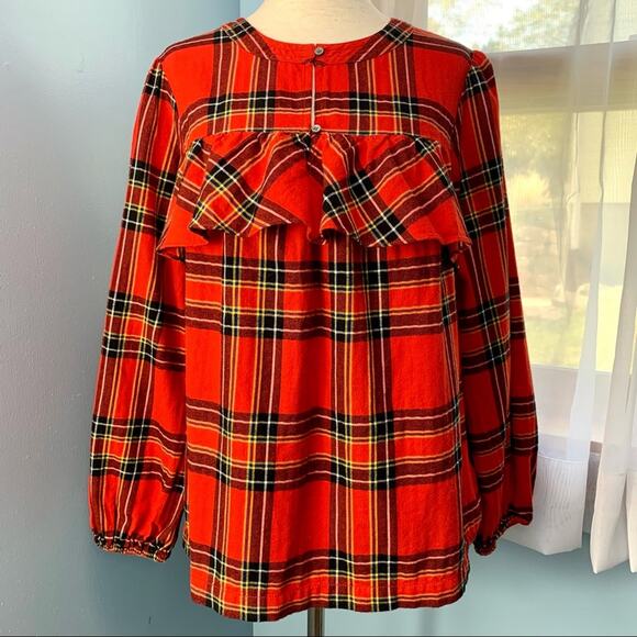 J. Crew Ruffle Popover Top in Festive Plaid Size Small - Picture 2 of 9